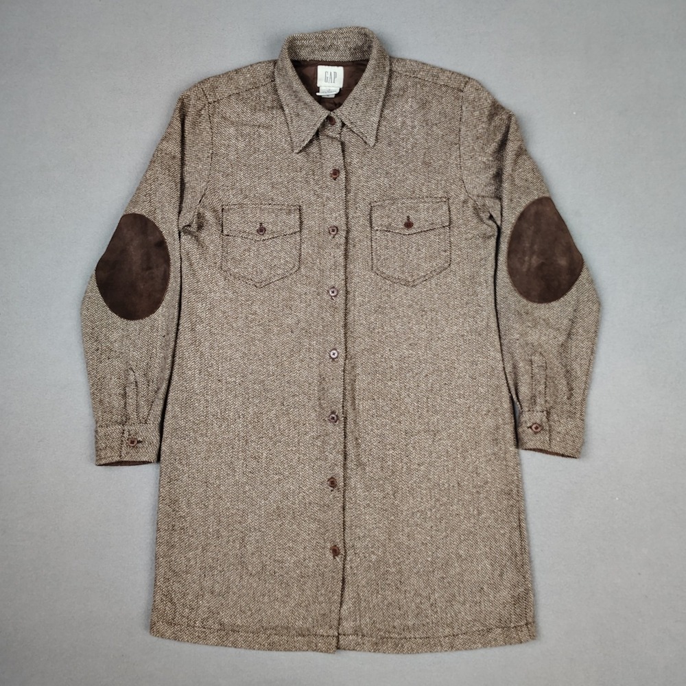 Vintage 90s GAP Wool Blend Shacket Women Small Long Brown Tweed Leather Elbow